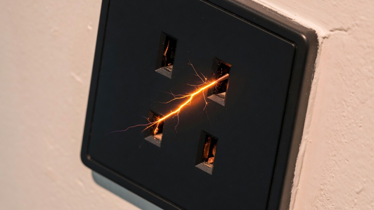 Close-up of a matte-black four-slot wall socket on white plaster, a bright orange spark jumping between the contacts.