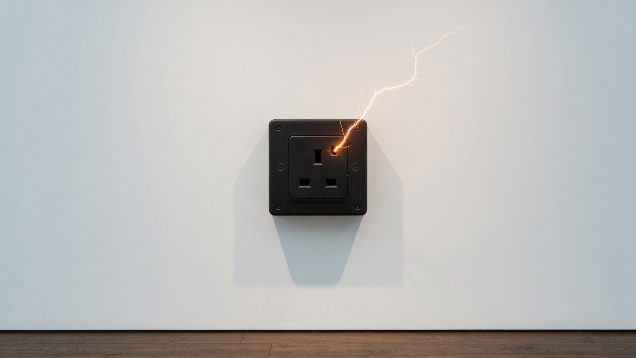 A matte-black electrical wall socket mounted like a sculpture on a vast gallery-white museum wall, a copper-orange spark arcing from the live slot above a dark oak floor.