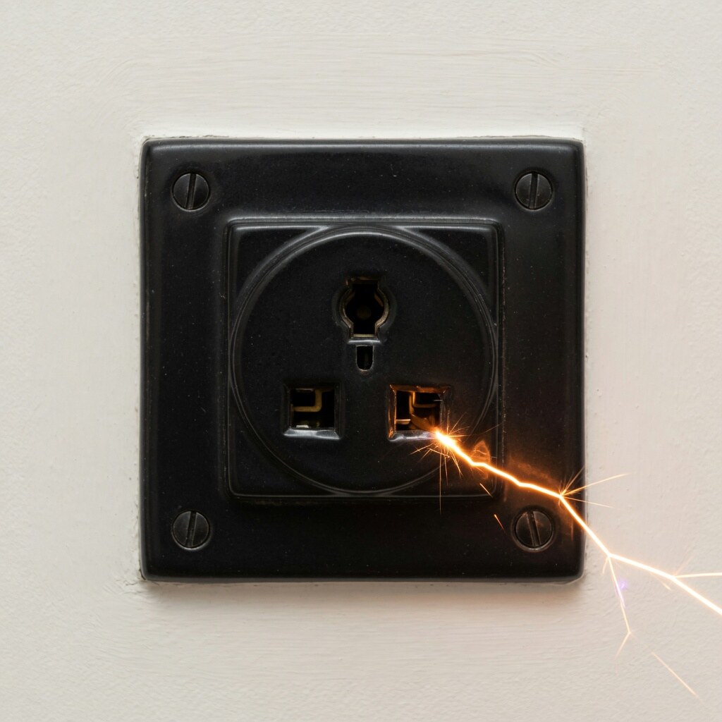 Square view of a black industrial socket on gallery-white plaster with a copper spark leaping from the lower-right slot.